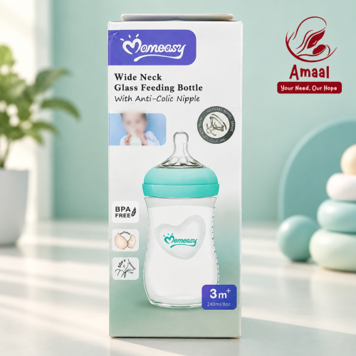 Momeasy Wide Neck Glass Feeding Bottle with Anti-Colic Nipple – 240 ml