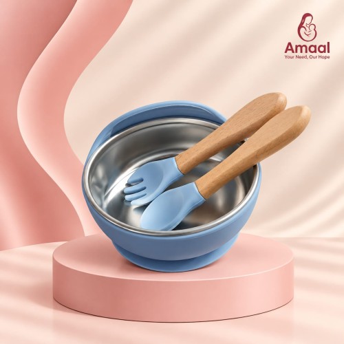 Premium Baby Feeding Bowl silicon and Stainless Steel with Spoon