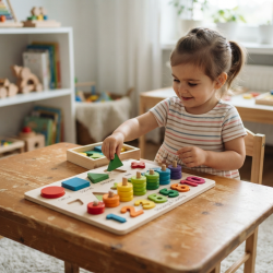 Kids Wooden Montessori 3-in-1 Educational Learning Board – Number, Shape Sorter &amp; Stacking Counting Puzzle Toy for Toddlers