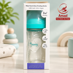Momeasy Wide Neck Glass Feeding Bottle with Anti-Colic Nipple – 240 ml