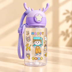 Happy Cartoon Straw Water Bottle with Carry Strap
