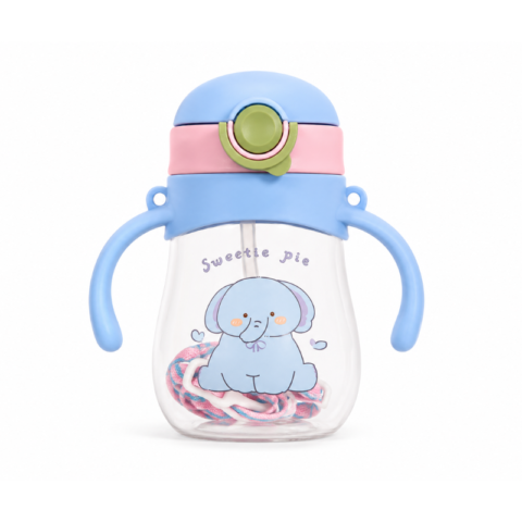 Sweetie Pie Elephant Kids Straw Water Bottle with Handles – Blue